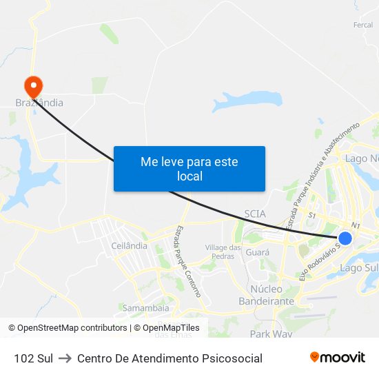 102 Sul to Centro De Atendimento Psicosocial map