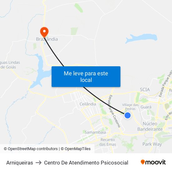 Arniqueiras to Centro De Atendimento Psicosocial map