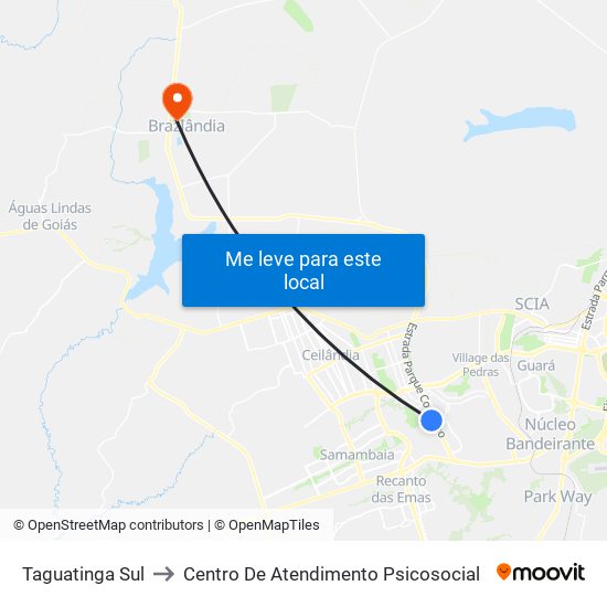 Taguatinga Sul to Centro De Atendimento Psicosocial map