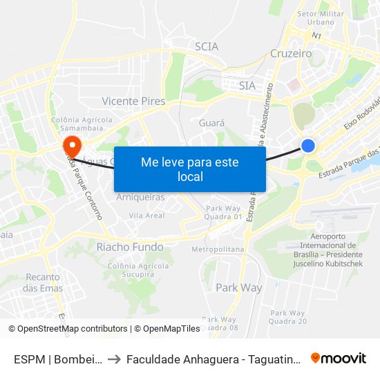 Setor Policial Sul | Corpo De Bombeiros to Faculdade Anhaguera - Taguatinga Sul map