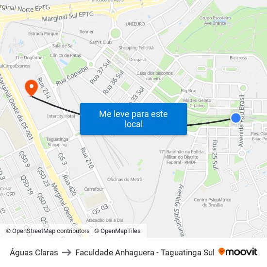 Águas Claras to Faculdade Anhaguera - Taguatinga Sul map