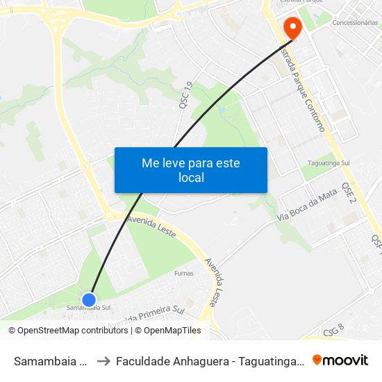 Samambaia Sul to Faculdade Anhaguera - Taguatinga Sul map