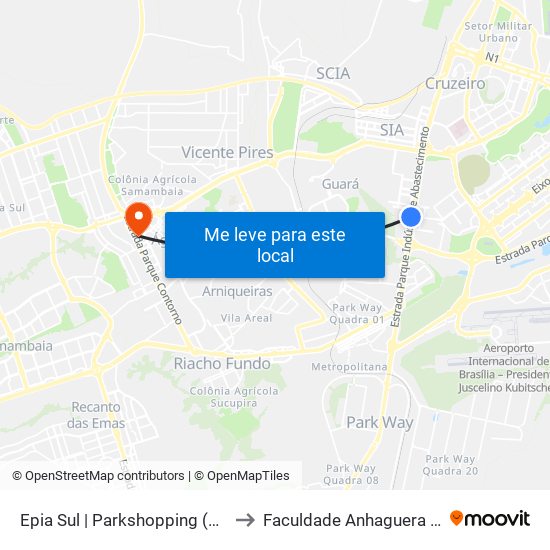 Epia Sul | Parkshopping (Linhas Do Entorno) to Faculdade Anhaguera - Taguatinga Sul map