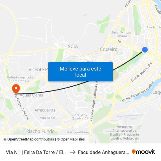 Via N1 | Feira Da Torre / Eixo Ibero-Americano to Faculdade Anhaguera - Taguatinga Sul map