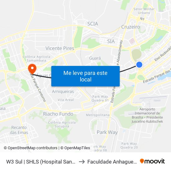 W3 Sul | Setor Hospitalar Local Sul (Pão De Açúcar) to Faculdade Anhaguera - Taguatinga Sul map