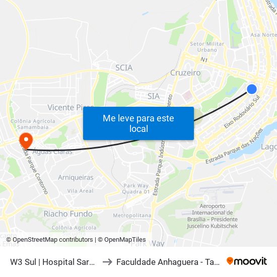 W3 Sul | Hospital Sarah / SRTVS to Faculdade Anhaguera - Taguatinga Sul map