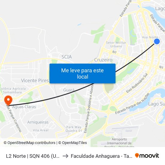 L2 Norte | Sqn 406 (Unb / Odonto Hub) to Faculdade Anhaguera - Taguatinga Sul map