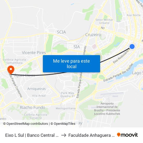 Eixo L Sul | Banco Central / Hospital De Base to Faculdade Anhaguera - Taguatinga Sul map