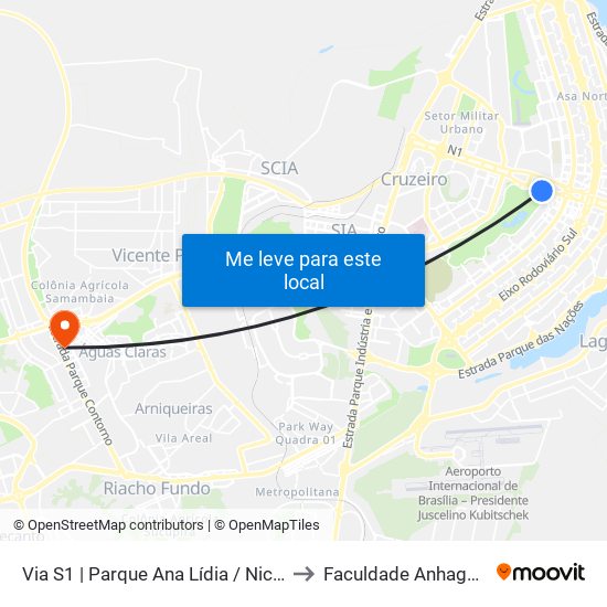 Via S1 | Parque Ana Lídia / Nicolandia / Eixo Ibero-Americano to Faculdade Anhaguera - Taguatinga Sul map
