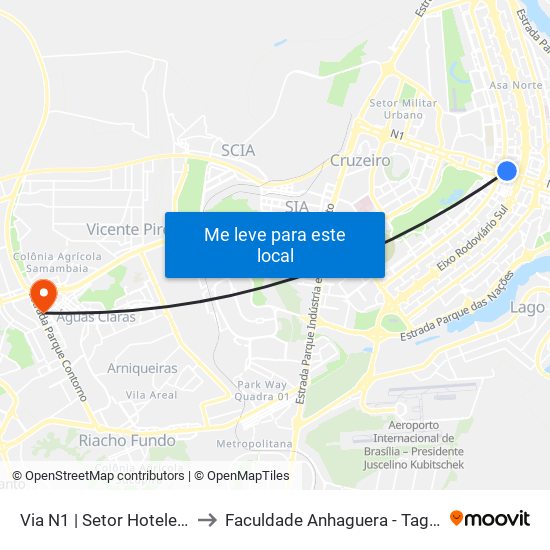 Via N1 | Setor Hoteleiro Norte to Faculdade Anhaguera - Taguatinga Sul map