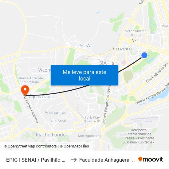 Epig | Senai / Pavilhão Parque Da Cidade to Faculdade Anhaguera - Taguatinga Sul map
