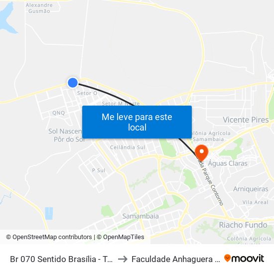 Br 070 Sentido Brasília - Terminal Do Setor O to Faculdade Anhaguera - Taguatinga Sul map