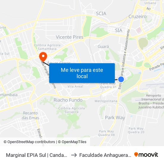 Marginal EPIA Sul | Candangolândia «Oposto» to Faculdade Anhaguera - Taguatinga Sul map