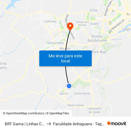 Terminal Brt Gama to Faculdade Anhaguera - Taguatinga Sul map