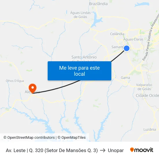 Av. Leste | Q. 320 (Setor De Mansões Q. 3) to Unopar map