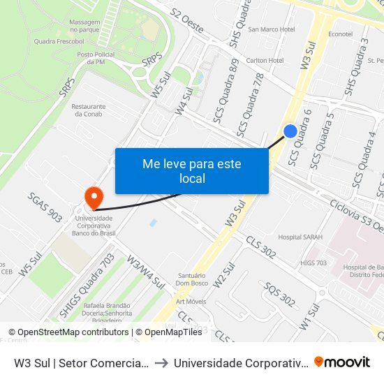 W3 Sul | Setor Comercial Sul / Pátio Brasil to Universidade Corporativa Banco Do Brasil map