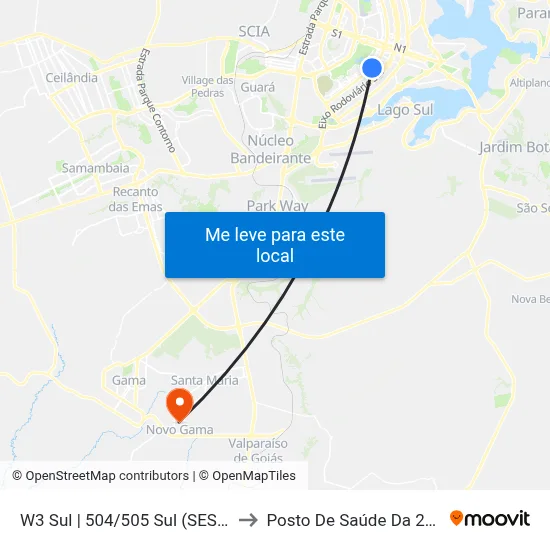 W3 Sul | 504/505 Sul (SESC) to Posto De Saúde Da 202 map