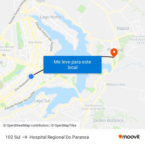 102 Sul to Hospital Regional Do Paranoá map