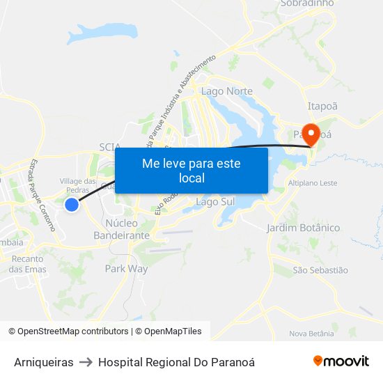 Arniqueiras to Hospital Regional Do Paranoá map