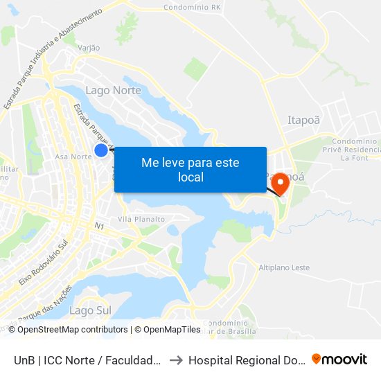 Unb | Icc Norte / Faculdade De Direito to Hospital Regional Do Paranoá map
