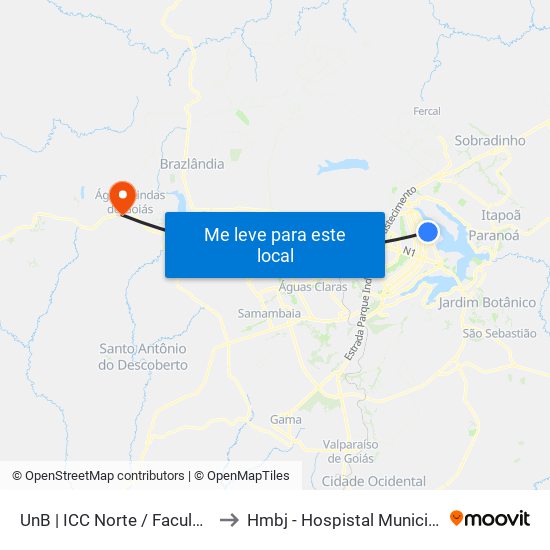 Unb | Icc Norte / Faculdade De Direito to Hmbj - Hospistal Municipal Bom Jesus map