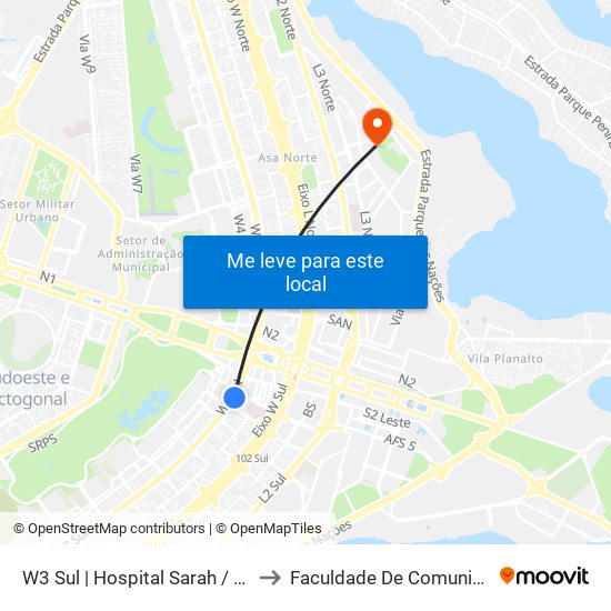 W3 Sul | Hospital Sarah / SRTVS to Faculdade De Comunicação map