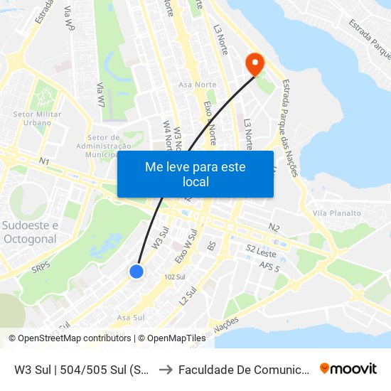 W3 Sul | 504/505 Sul (Sesc) to Faculdade De Comunicação map