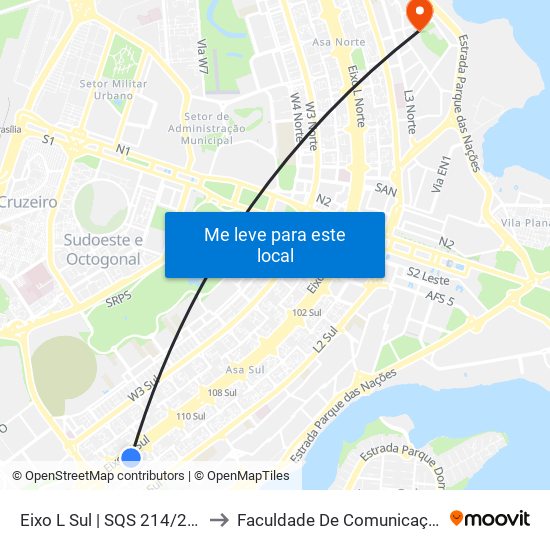 Eixo L Sul | SQS 214/215 to Faculdade De Comunicação map