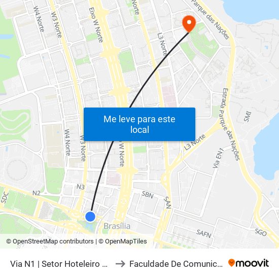 Via N1 | Setor Hoteleiro Norte to Faculdade De Comunicação map