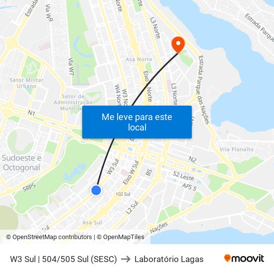 W3 Sul | 504/505 Sul (Sesc) to Laboratório Lagas map