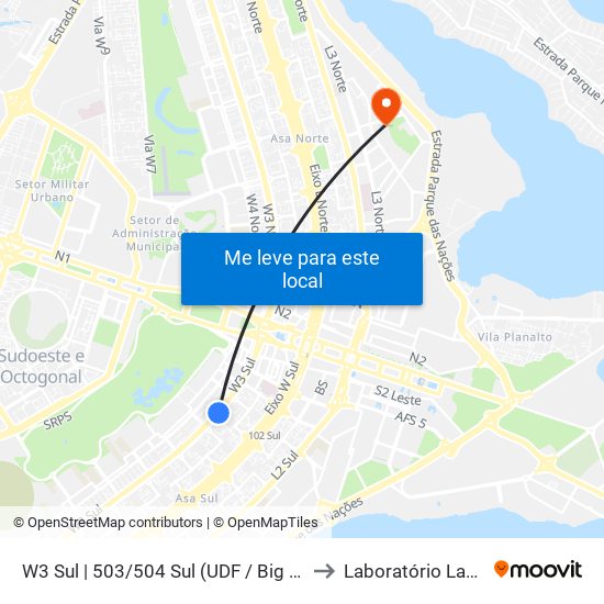 W3 Sul | 503/504 Sul (Udf / Big Box) to Laboratório Lagas map