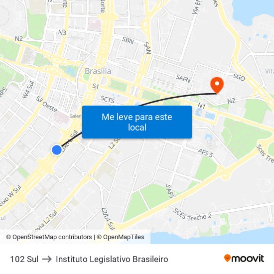 102 Sul to Instituto Legislativo Brasileiro map