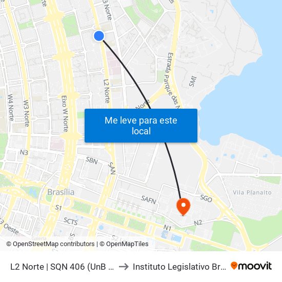 L2 Norte | SQN 406 (UnB / CEAN) to Instituto Legislativo Brasileiro map