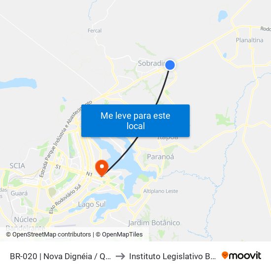 Br-020 | Nova Dignéia / Quadra 18 to Instituto Legislativo Brasileiro map