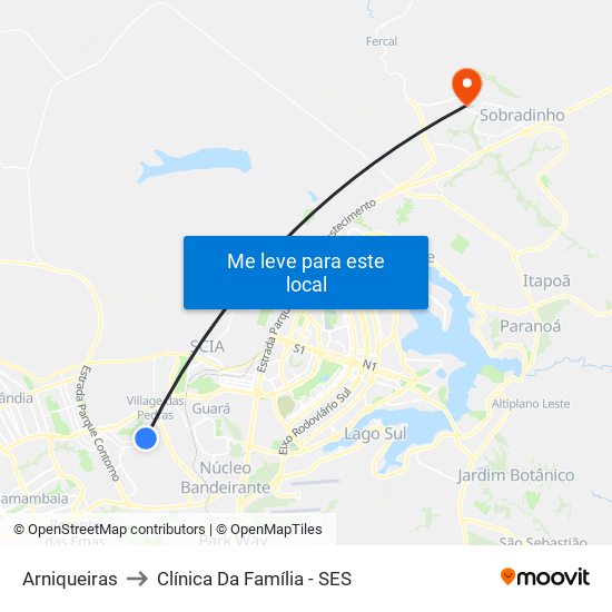 Arniqueiras to Clínica Da Família - SES map