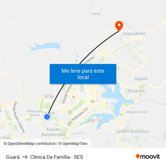 Guará to Clínica Da Família - SES map