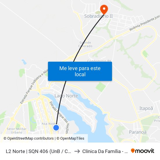 L2 Norte | Sqn 406 (Unb / Odonto Hub) to Clínica Da Família - SES map