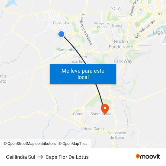 Ceilândia Sul to Caps Flor De Lótus map