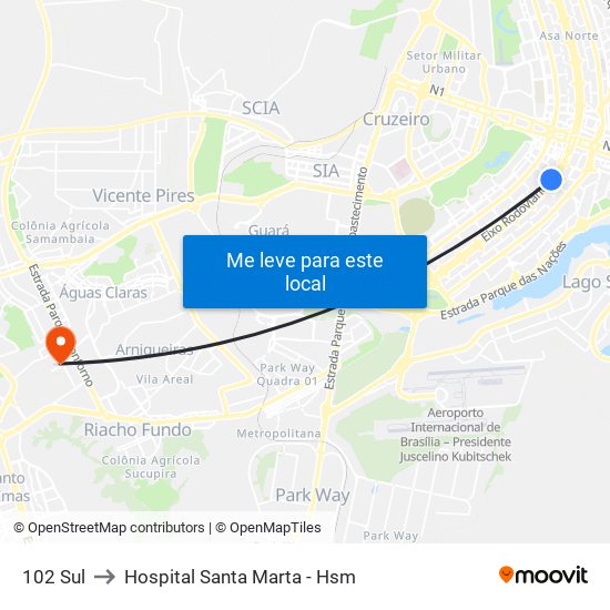 102 Sul to Hospital Santa Marta - Hsm map