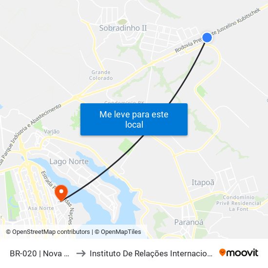 Br-020 | Nova Dignéia / Quadra 18 to Instituto De Relações Internacionais(Irel) / Instituto De Ciência Política map