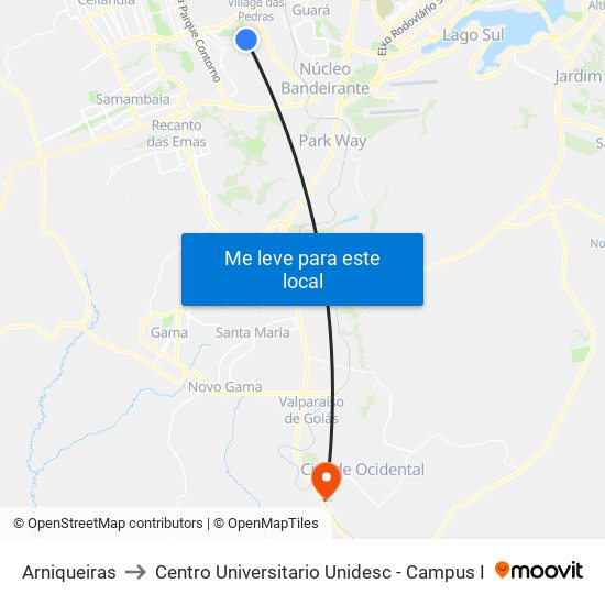 Arniqueiras to Centro Universitario Unidesc - Campus I map