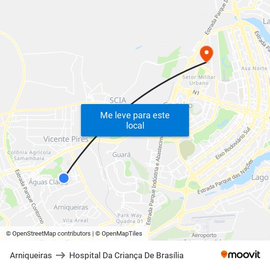 Arniqueiras to Hospital Da Criança De Brasília map