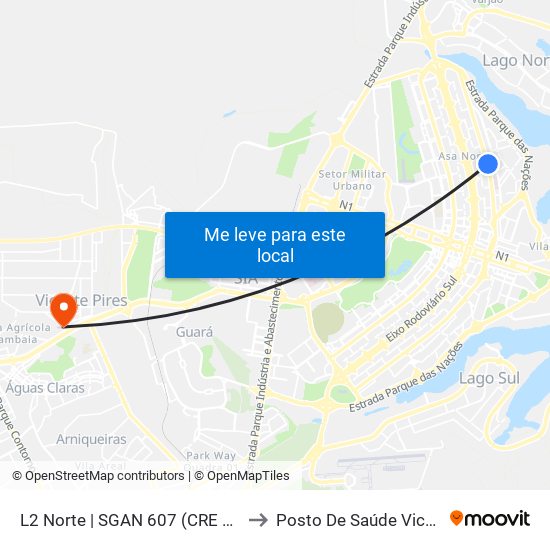 L2 Norte | Sgan 607 (Brasília Medical Center / Cean) to Posto De Saúde Vicente Pires map