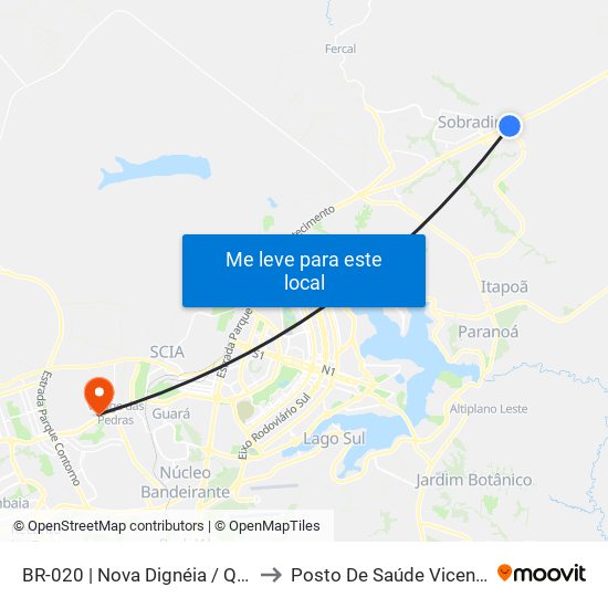 BR-020 | Nova Dignéia / Quadra 18 to Posto De Saúde Vicente Pires map