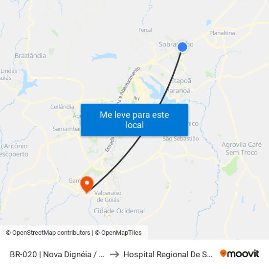 Br-020 | Nova Dignéia / Quadra 18 to Hospital Regional De Santa Maria map