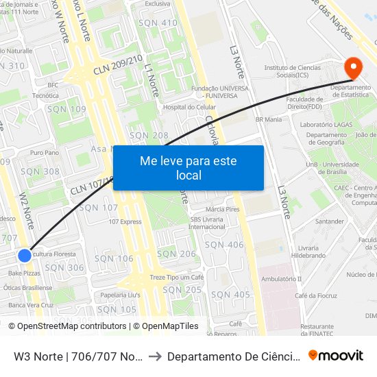 W3 Norte | 706/707 Norte (McDonald's) to Departamento De Ciência Da Computação map
