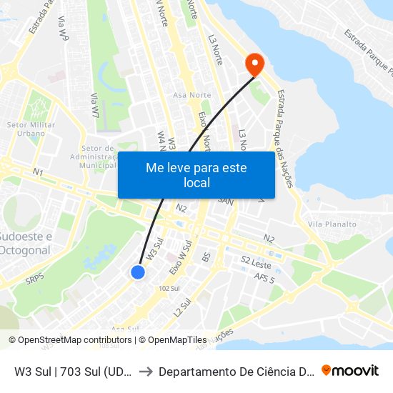 W3 Sul | 703 Sul (UDF / Big Box) to Departamento De Ciência Da Computação map