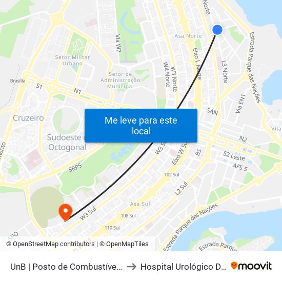 UnB | Posto de Combustíveis / Subway to Hospital Urológico De Brasília map