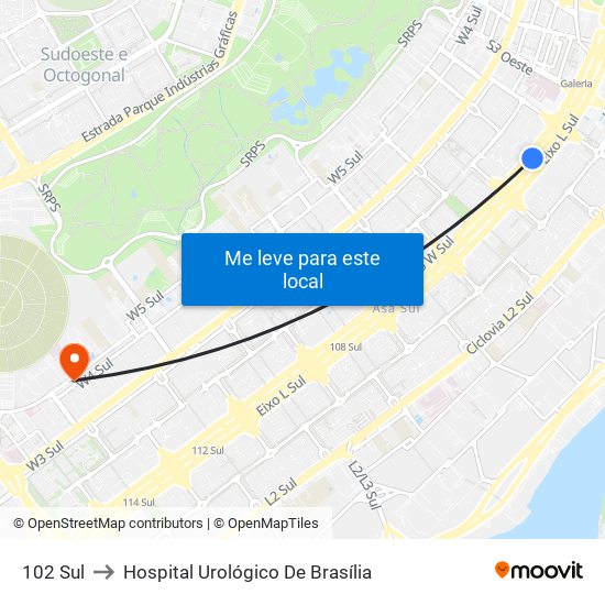 102 Sul to Hospital Urológico De Brasília map