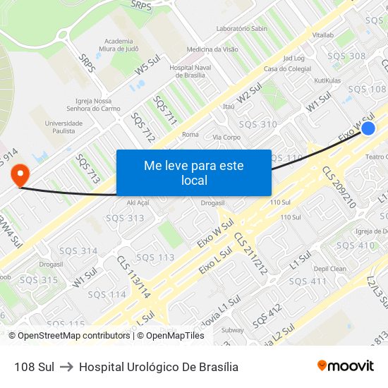 108 Sul to Hospital Urológico De Brasília map